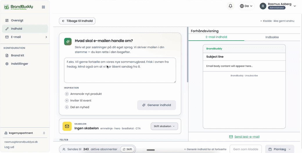Demo: en prompt bliver til en færdig BrandBuddy e-mail kampagne.